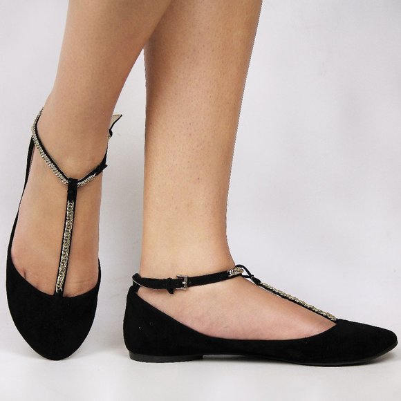 Shoes - New Black Gold Chain T-strap Ballet Flats